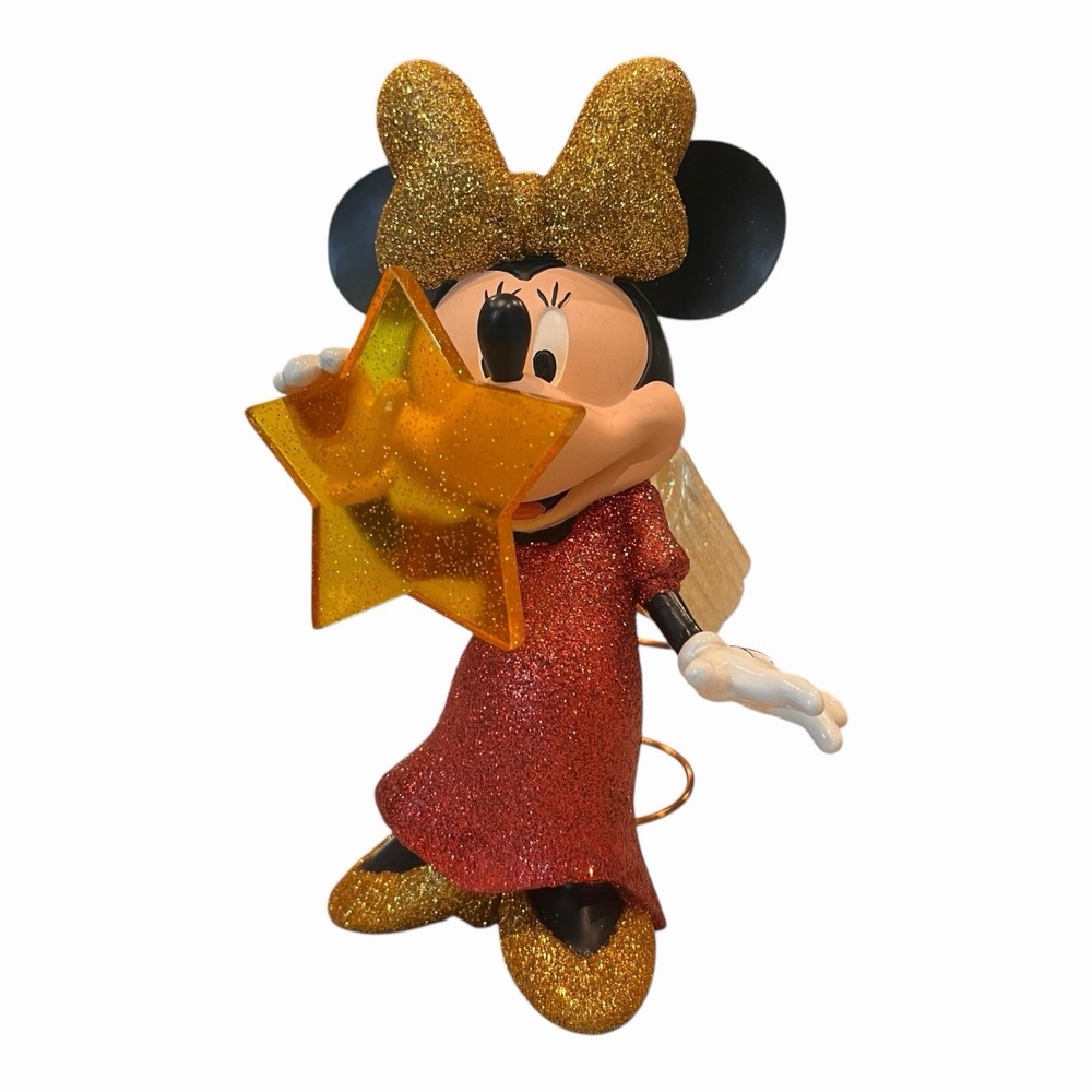 Rare Disney Minnie Mouse Angel Resin Christmas Tree Topper Red/Gold Glitter Read